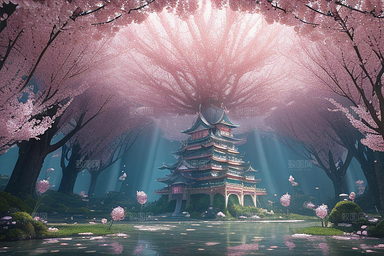 桃花奇幻绽放的桃花在深海中