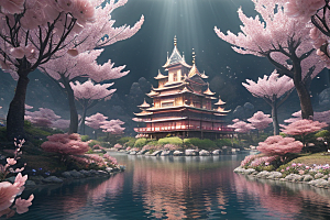 桃花奇幻绽放的桃花在深海中