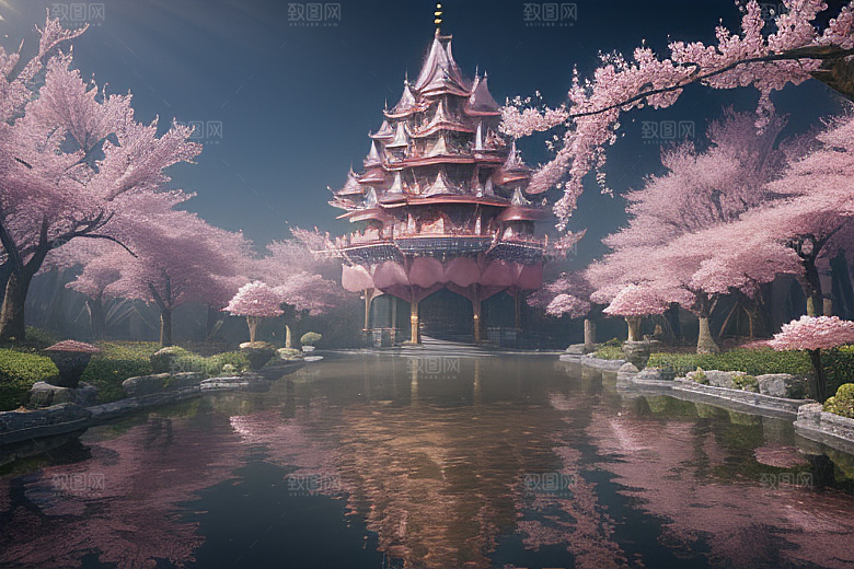 桃花奇幻绽放的桃花在深海中