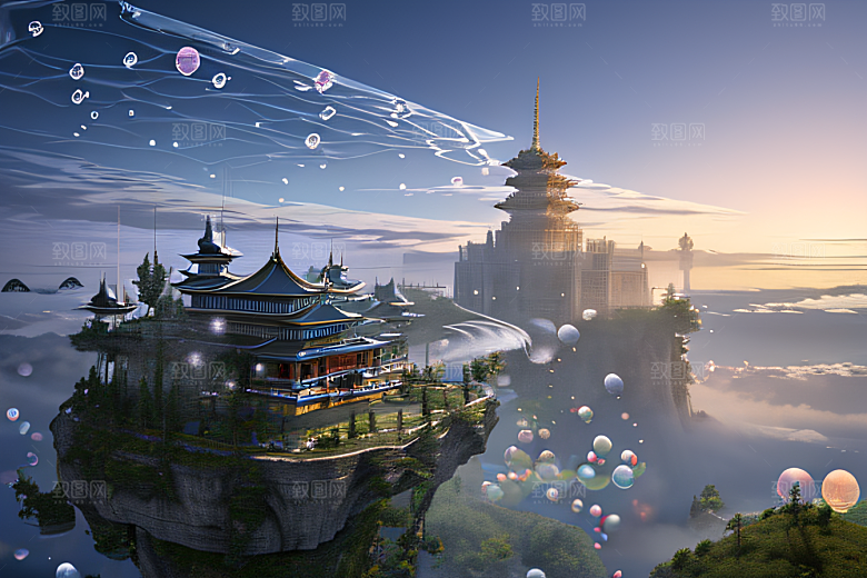 彩色透明水晶泡泡云层层叠叠宫殿