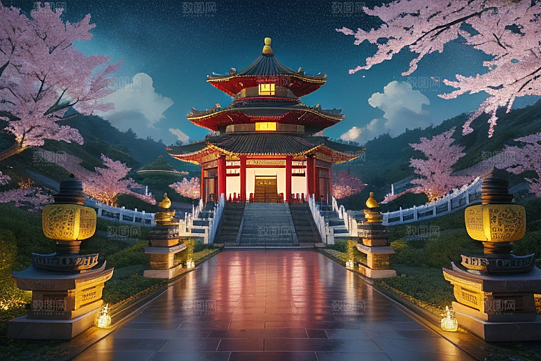明亮世界仙境中的清澈桃花