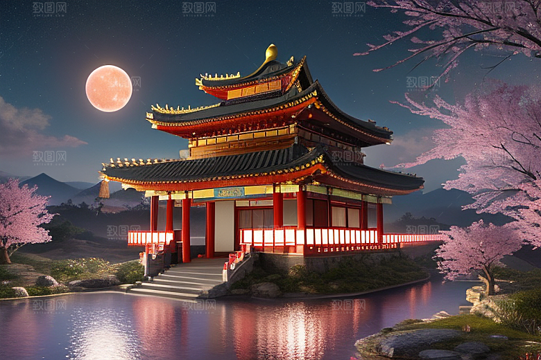 明亮桃花绽放的桃花在中国风CG中