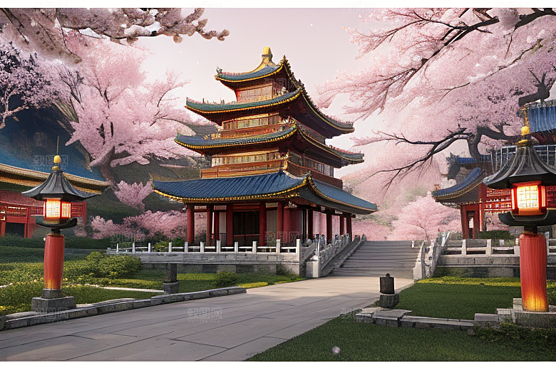 明亮桃花绽放的桃花在中国风CG中