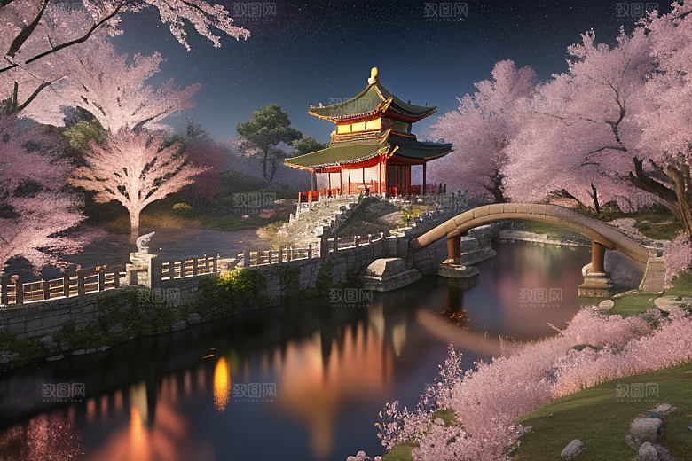 明亮桃花绽放的桃花在中国风CG中