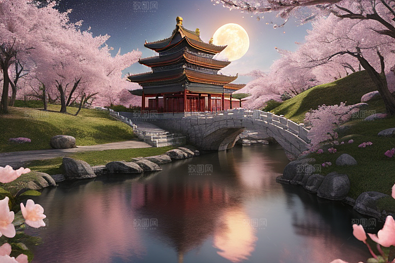明亮桃花绽放的桃花在中国风CG中