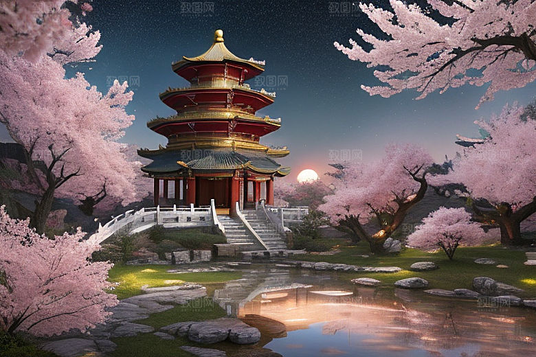 明亮桃花绽放的桃花在中国风CG中
