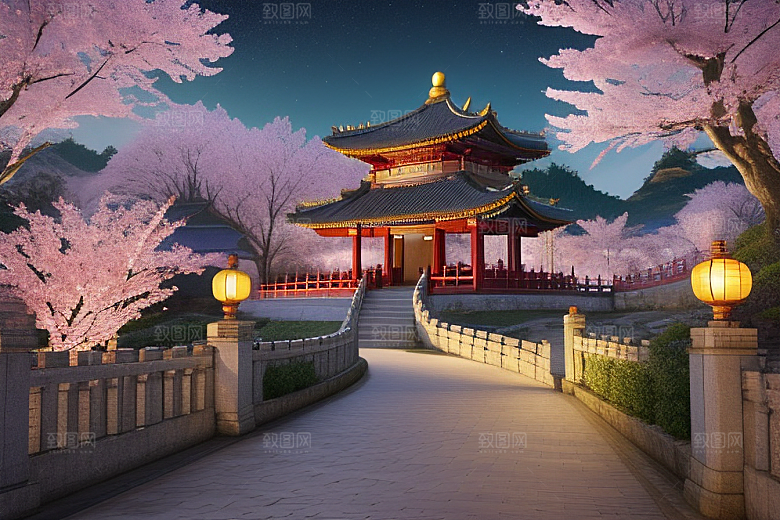 明亮桃花绽放的桃花在中国风CG中