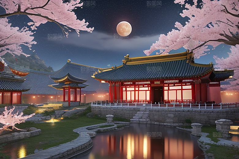 明亮桃花绽放的桃花在中国风CG中