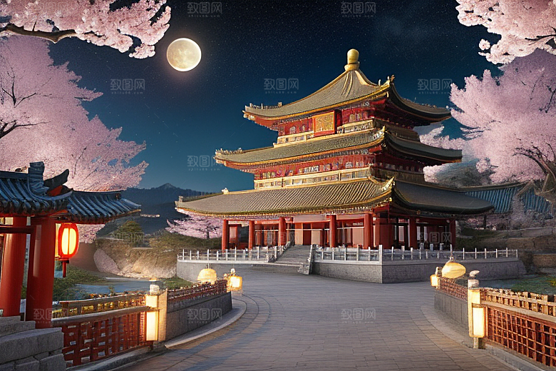 明亮桃花绽放的桃花在中国风CG中