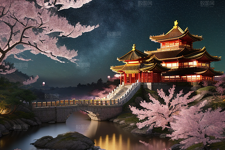 明亮桃花绽放的桃花在中国风CG中