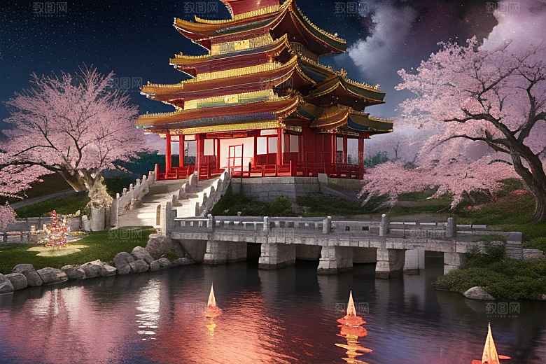 明亮桃花绽放的桃花在中国风CG中