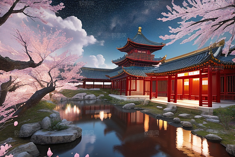 清澈桃花仙境中的明亮神话