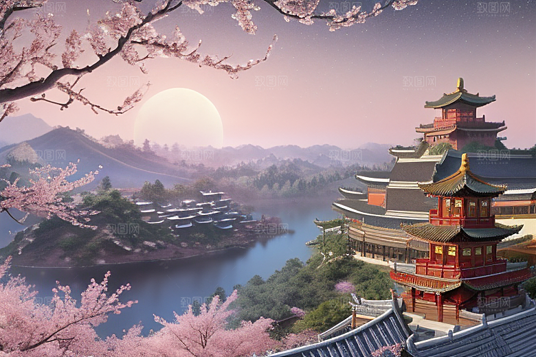 清澈桃花仙境中的明亮神话