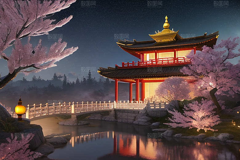 清澈桃花仙境中的明亮神话