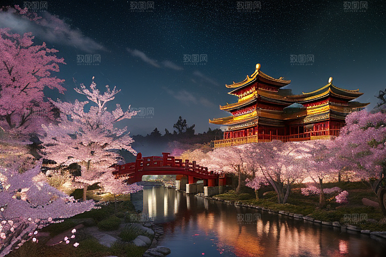 清澈桃花仙境中的明亮神话