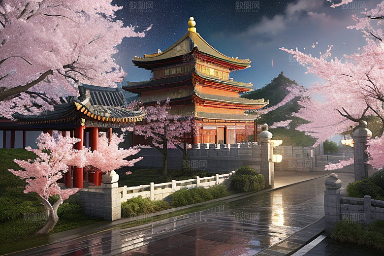 清澈桃花仙境中的明亮神话