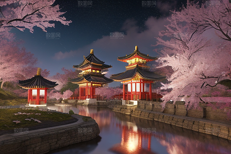 清澈桃花仙境中的明亮神话