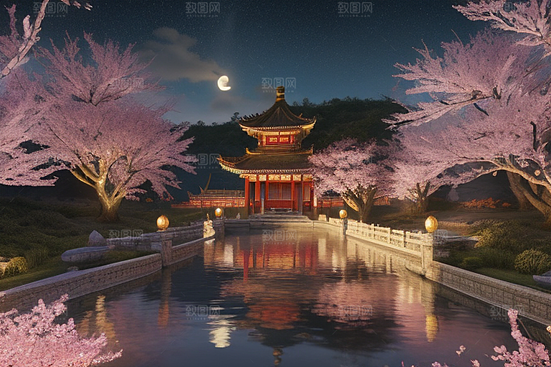 清澈桃花仙境中的明亮神话