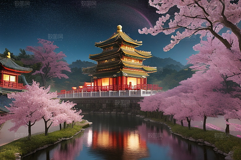 清澈桃花仙境中的明亮神话