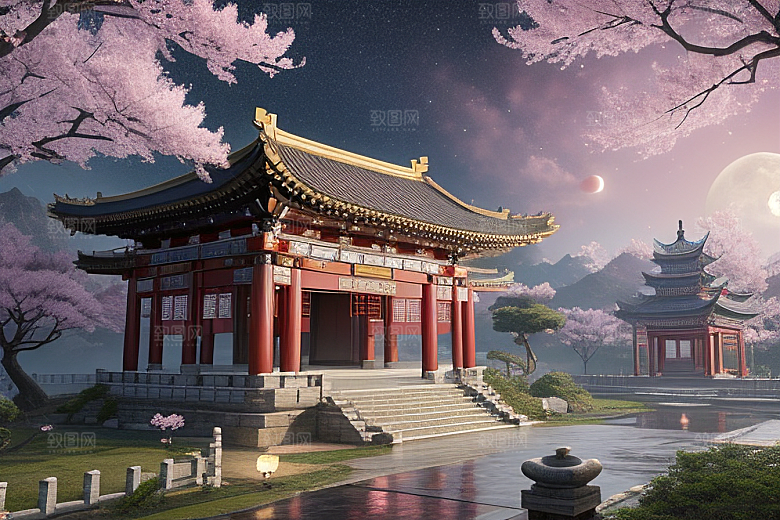神话仙境绽放的桃花在明亮世界