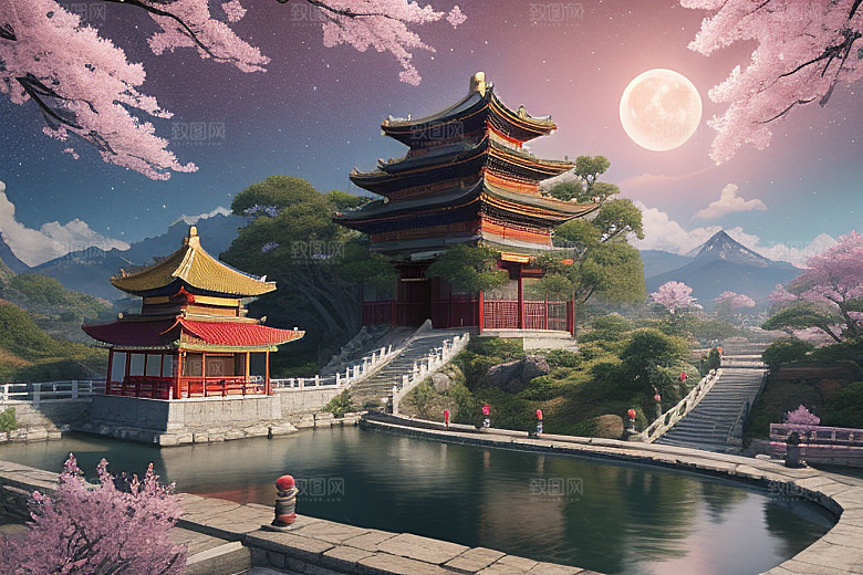 神话仙境绽放的桃花在明亮世界