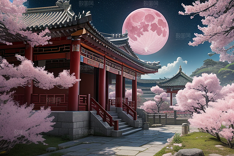 神话仙境绽放的桃花在明亮世界
