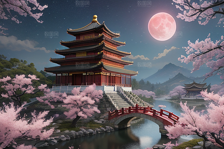 神话仙境绽放的桃花在明亮世界
