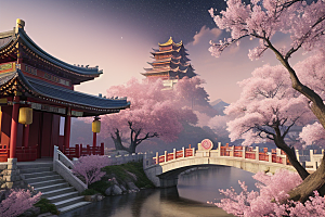 神话仙境绽放的桃花在明亮世界