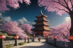 神话仙境绽放的桃花在明亮世界