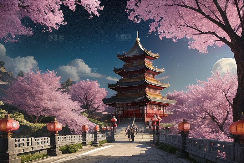 神话仙境绽放的桃花在明亮世界