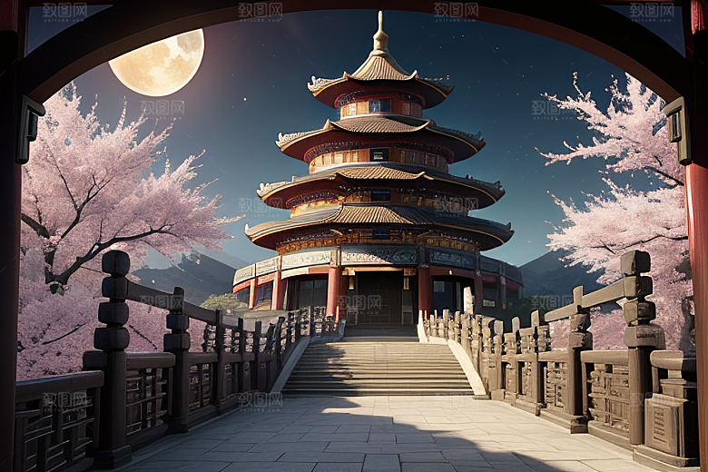 神话仙境绽放的桃花在明亮世界