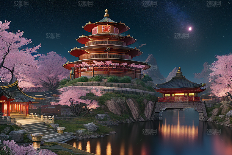 神话仙境绽放的桃花在明亮世界