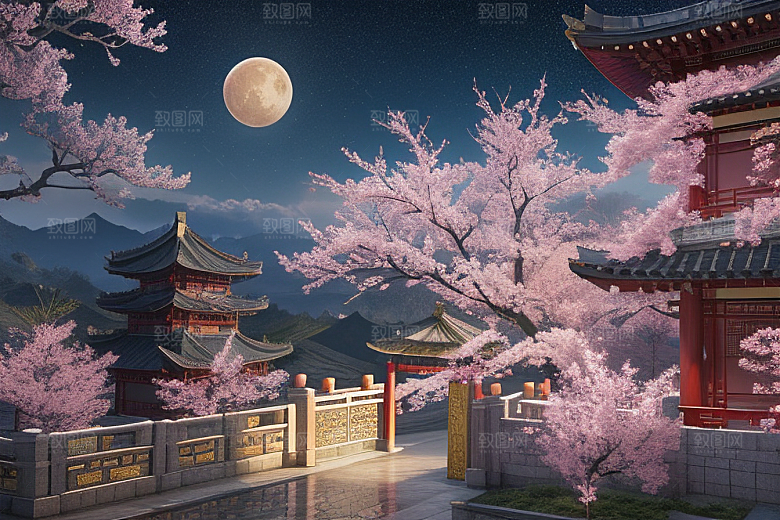 神话仙境绽放的桃花在明亮世界
