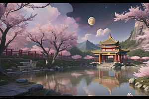 神话仙境绽放的桃花在明亮世界