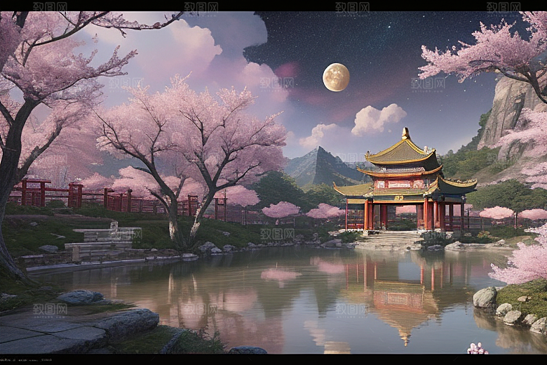 神话仙境绽放的桃花在明亮世界