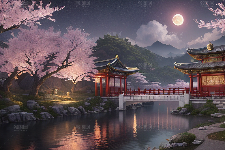 神话仙境绽放的桃花在明亮世界
