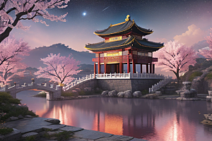 神话仙境绽放的桃花在明亮世界