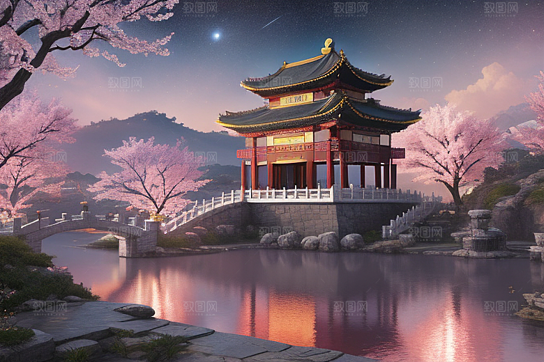 神话仙境绽放的桃花在明亮世界