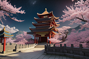 神话仙境绽放的桃花在明亮世界