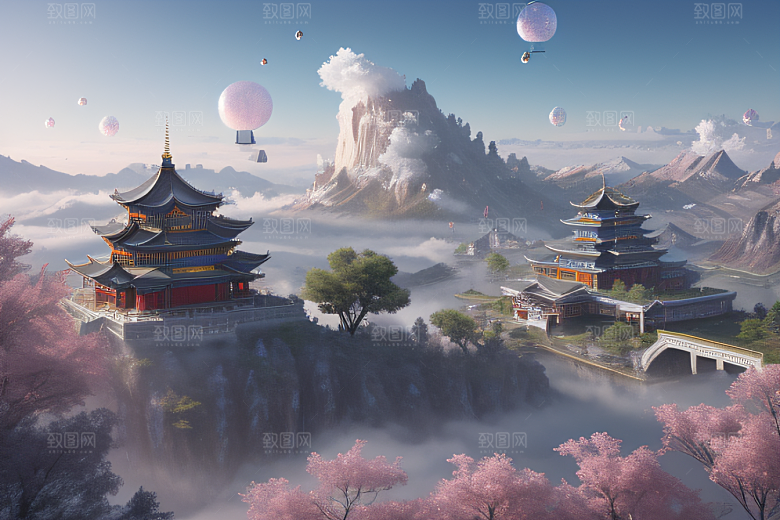 彩色透明水晶泡泡云层层叠叠宫殿