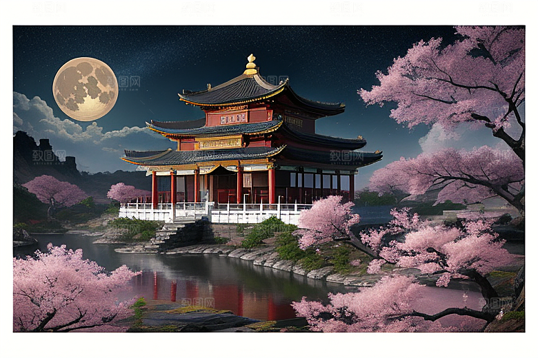 渲染神话俯瞰的明亮桃花仙境