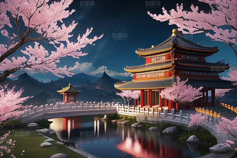 渲染神话俯瞰的明亮桃花仙境