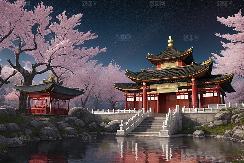 渲染神话俯瞰的明亮桃花仙境
