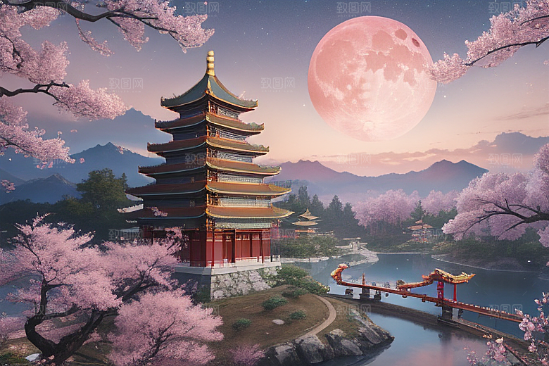 渲染神话俯瞰的明亮桃花仙境