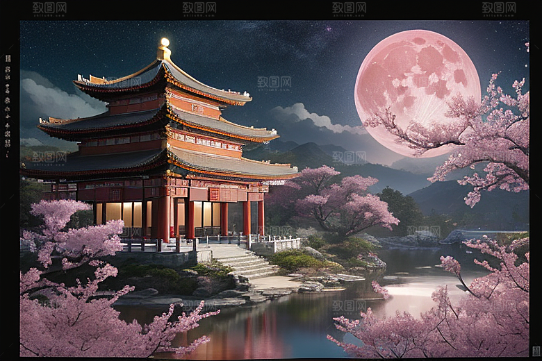 渲染神话俯瞰的明亮桃花仙境