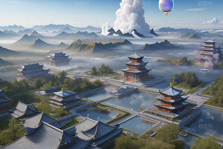 彩色透明水晶泡泡云层层叠叠宫殿