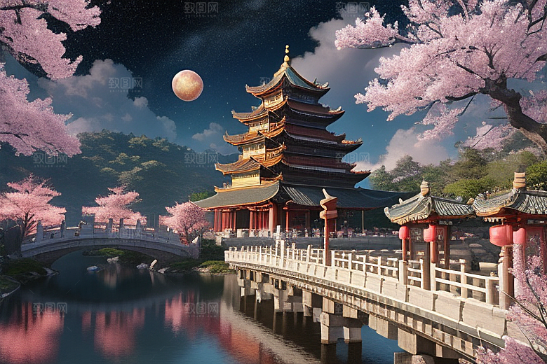 仙境明亮绽放的桃花在神话之门