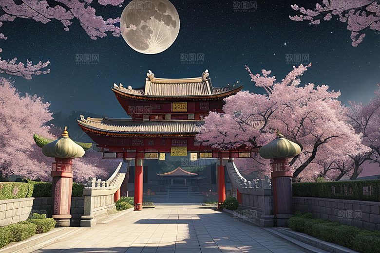 仙境明亮绽放的桃花在神话之门