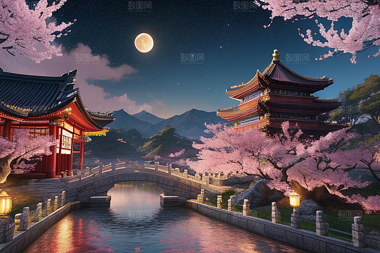 仙境明亮绽放的桃花在神话之门