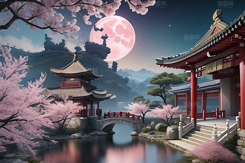 仙境明亮绽放的桃花在神话之门